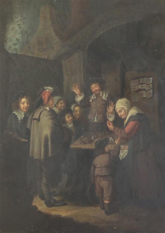 19th century Continental School 17th century interior with figures around a table 18.5 x 14in.